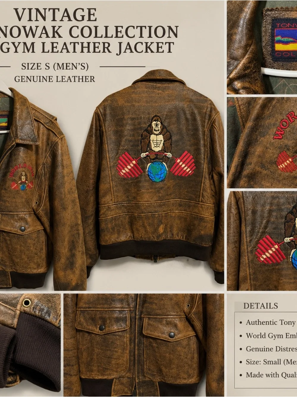 RARE Tony Nowak Collection World Gym Leather Jacket  Gorilla Bomber Size S